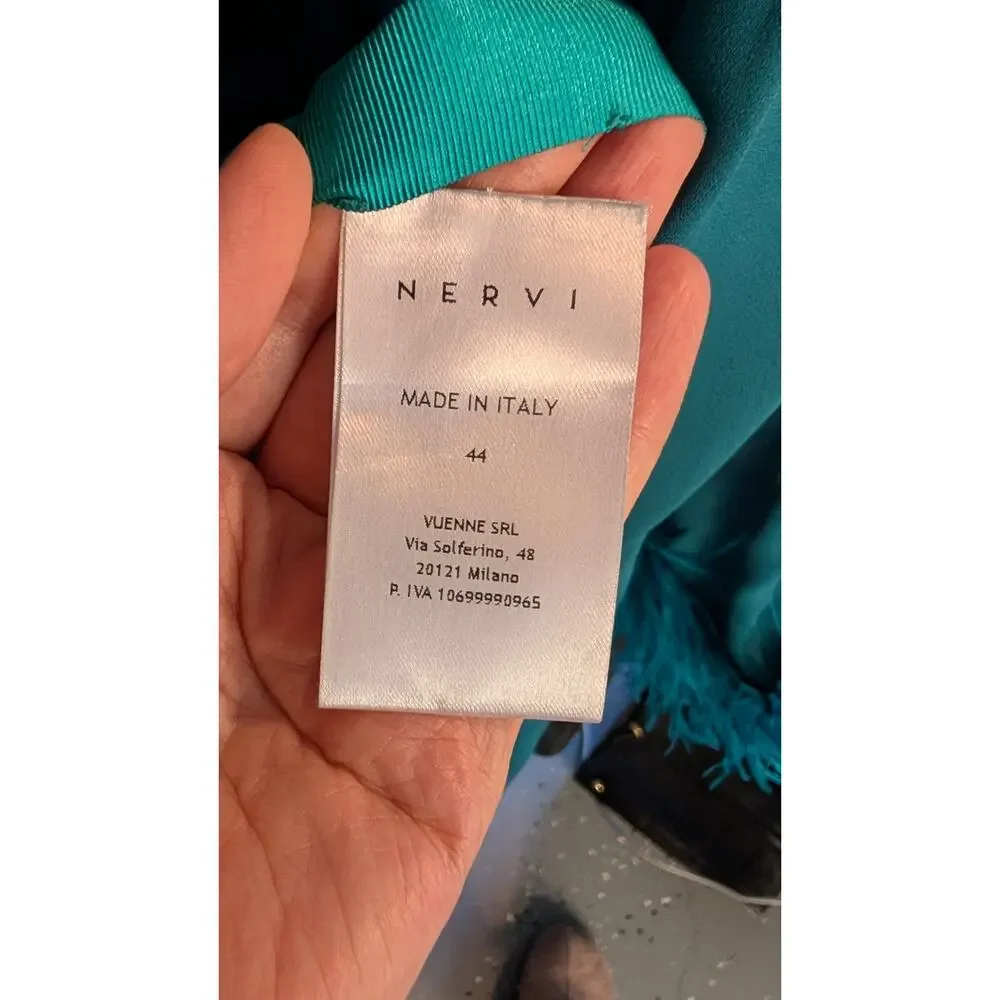 NWT Nervi Pami Teal Mini Dress with Sequin & Ostrich Feather Cuffs - Picture 7 of 12